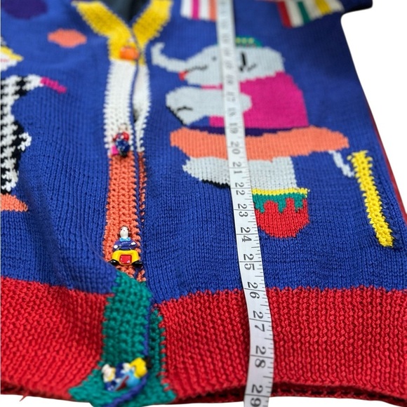Vintage Circus Cardigan Cotton Tent Striped Clown Elephant Hand Knit Lined - Picture 13 of 14